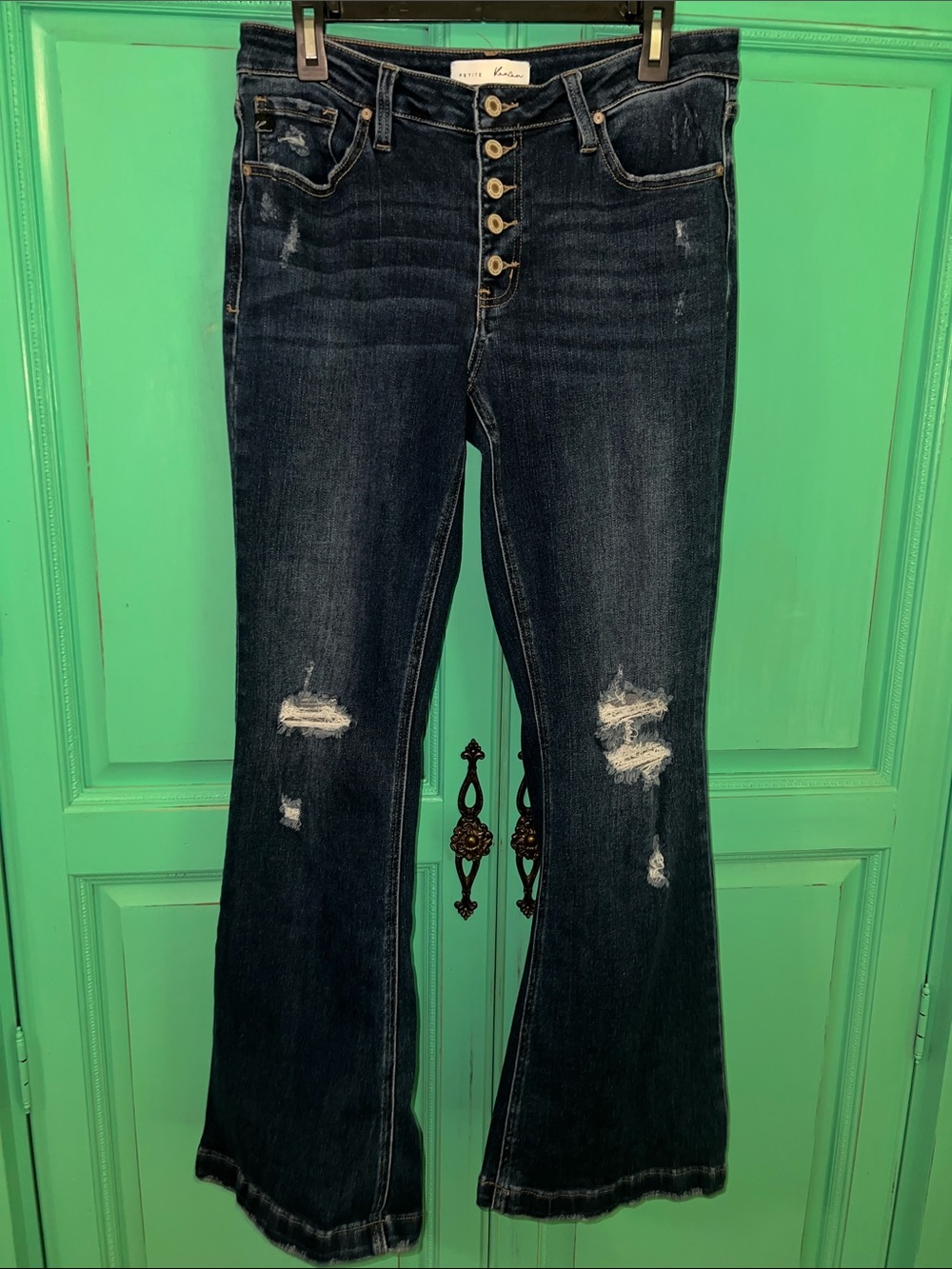KanCan Petite Dark Indigo Distressed Flare Jeans